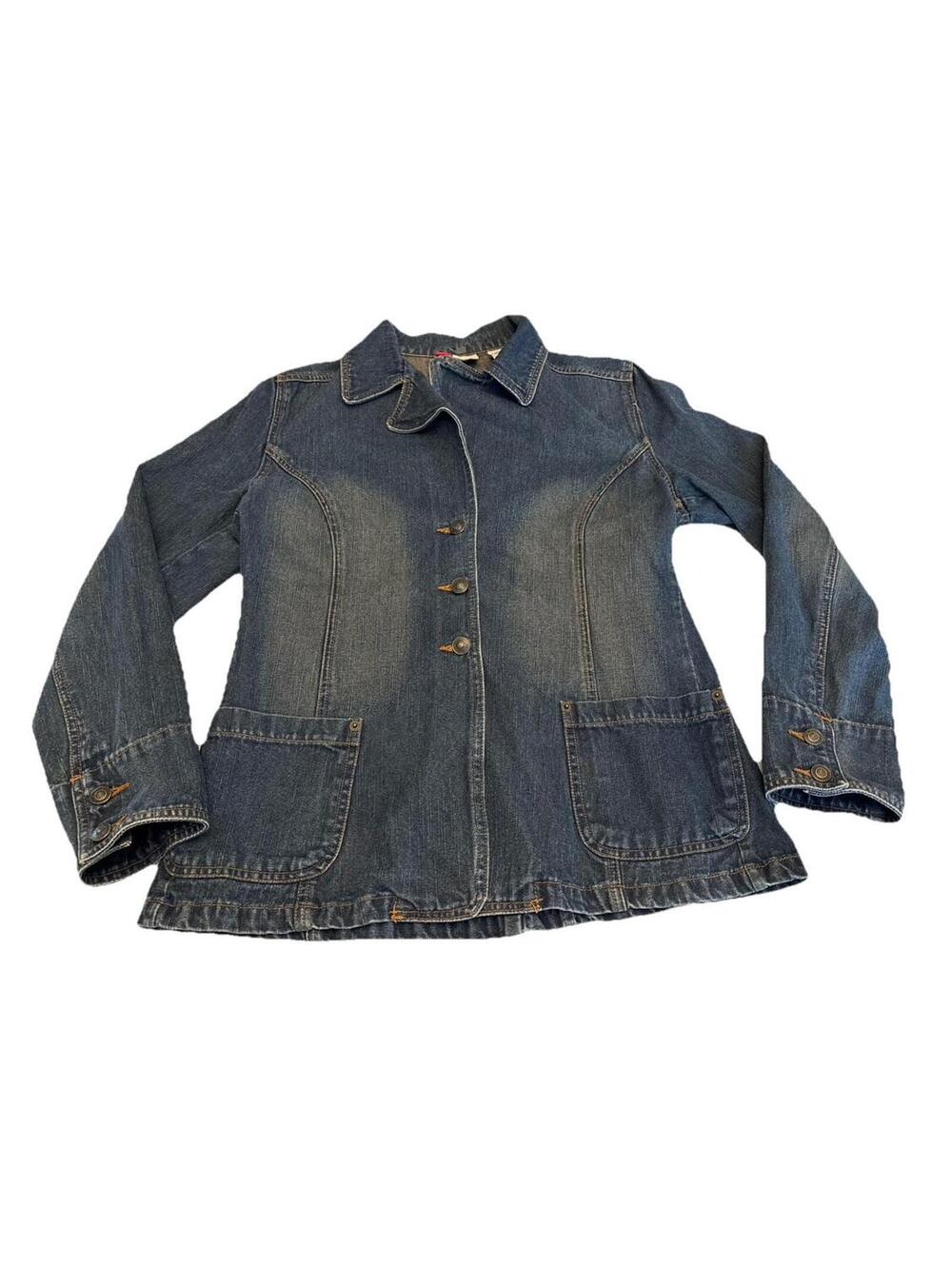 Ladies Faded Glory Dark Wash Stretchy Blue Jean Jacket W/Buttons Size Small